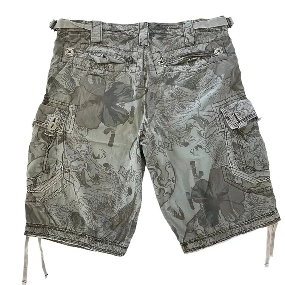 Jet Lag Camo Cargo Shorts Mens 38 Waist Pale Green Floral Print Distress Y2K 90s - Picture 3 of 13